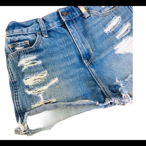 HOLLISTER Rainbow Pastel Trim Distressed Shorts With Pockets Jean Blue Size 3/26 - Picture 4 of 9